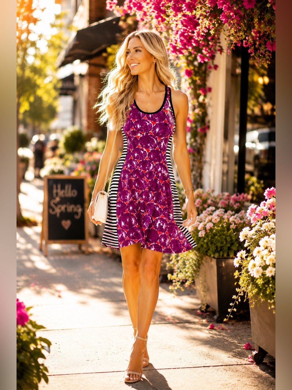 Tory Burch Purple Floral Fit-and-Flare Mini Dress with Black & White Stripes